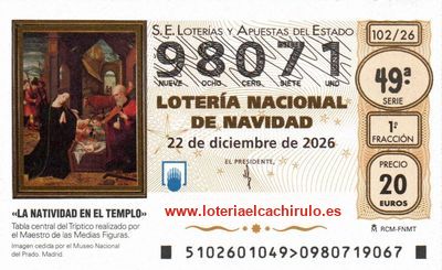 Anverso del d&eacute;cimo 98071 de la Loter&iacute;a de Navidad 2026, de Almendralejo (Badajoz)
